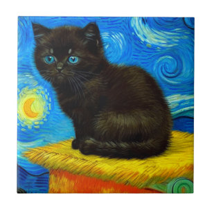 Van Gogh Style Starry Night Cat Ceramic Tile