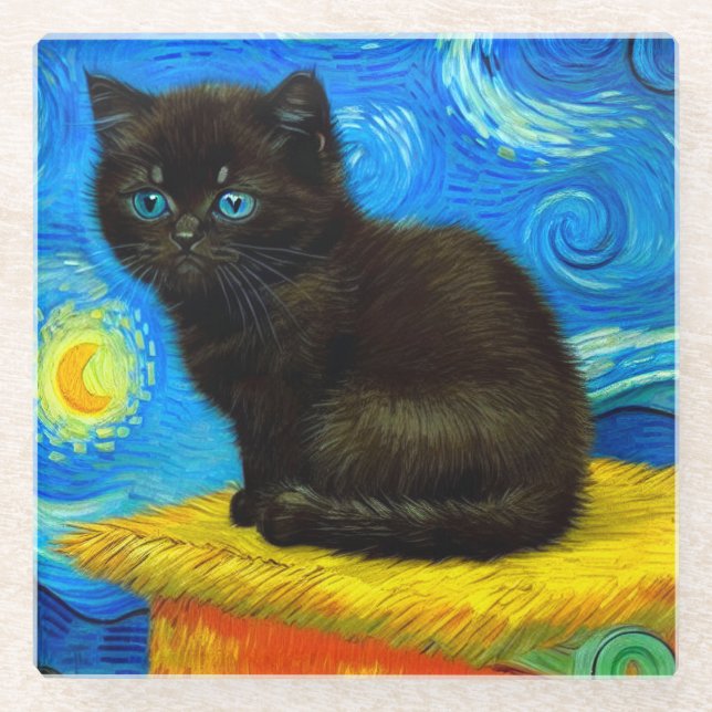 Van Gogh Style Starry Night Cat Glass Coaster (Front)