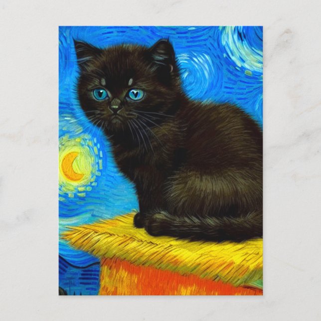 Van Gogh Style Starry Night Cat Holiday Postcard (Front)