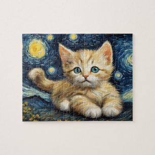 Van Gogh Style Starry Night Cat Jigsaw Puzzle