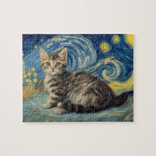 Van Gogh Style Starry Night Cat Jigsaw Puzzle