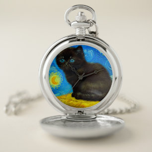 Van Gogh Style Starry Night Cat Pocket Watch