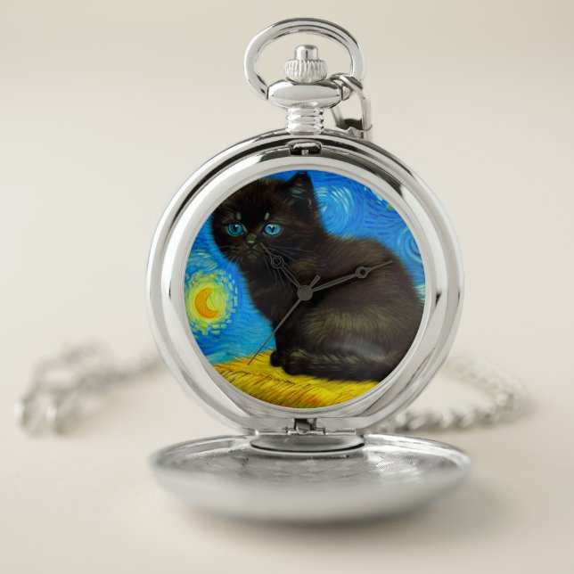 Van Gogh Style Starry Night Cat Pocket Watch (Inside)