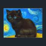 Van Gogh Style Starry Night Cat Postcard<br><div class="desc">Postcard featuring a Van Gogh cat in the style of Starry Night! A fluffy black kitten perches on a table against a blue night sky and yellow moon. A purr-fect gift for cat lovers and Dutch art collectors!</div>