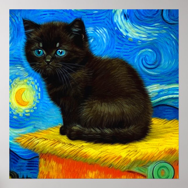 Van Gogh Style Starry Night Cat Poster (Front)