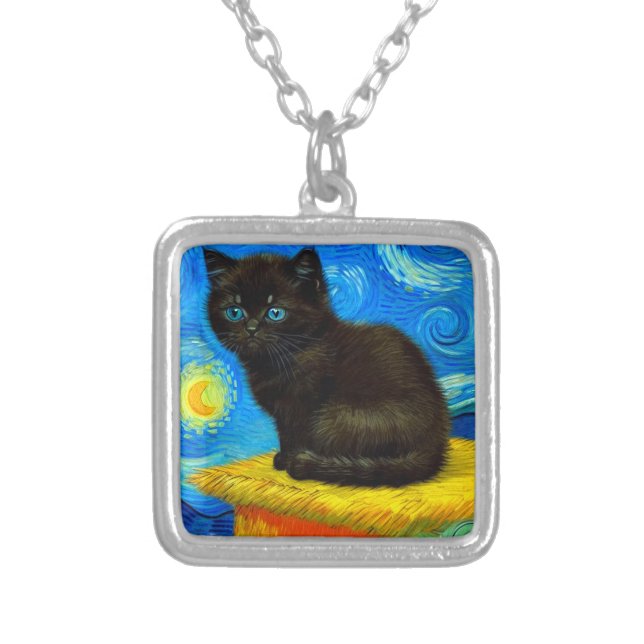 Van Gogh Style Starry Night Cat Silver Plated Necklace (Front)