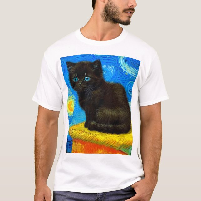 Van Gogh Style Starry Night Cat T-Shirt (Front)