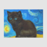 Van Gogh Style Starry Night Cat Tissue Paper<br><div class="desc">Tissue Paper featuring a Van Gogh cat in the style of Starry Night! A fluffy black kitten perches on a table against a blue night sky and yellow moon. A purr-fect gift for cat lovers and Dutch art collectors!</div>