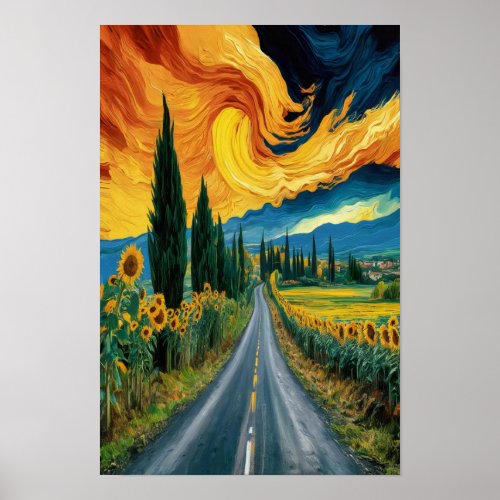  Van gogh style sun flower road oil painting Poster