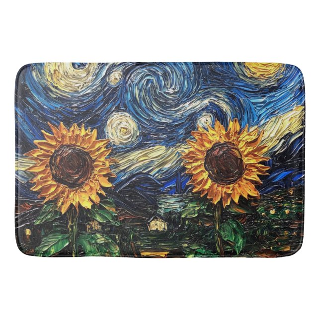 Van Gogh sunflowers and starry night  Bath Mat (Front)