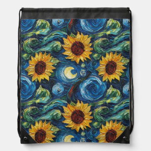 Van Gogh sunflowers and starry night Drawstring Bag