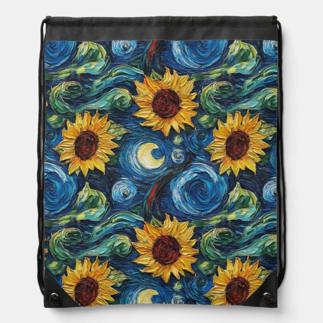 Van Gogh sunflowers and starry night Drawstring Bag (Front)