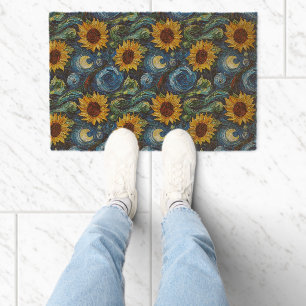 Van Gogh sunflowers and starry night  Fiber Doormat