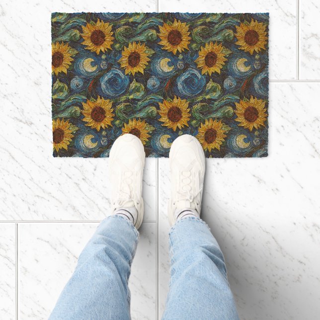 Van Gogh sunflowers and starry night  Fiber Doormat (Insitu)