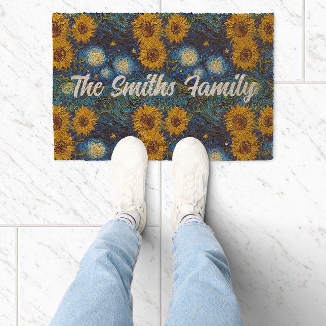 Van Gogh sunflowers and starry night Personalized Fiber Doormat (Insitu)