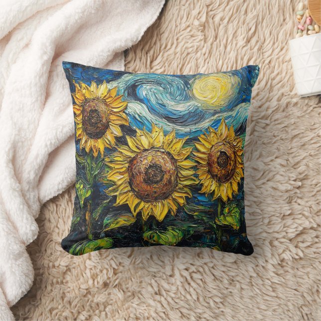 Van Gogh sunflowers and starry night Throw Pillow (Blanket)
