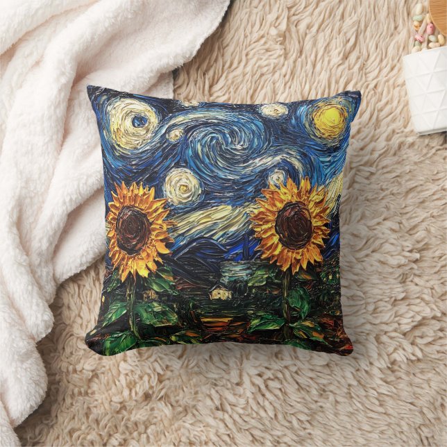 Van Gogh sunflowers and starry night Throw Pillow (Blanket)