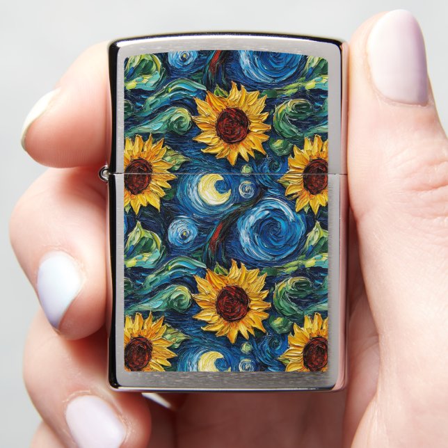 Van Gogh sunflowers and starry night Zippo Lighter (In Hand)
