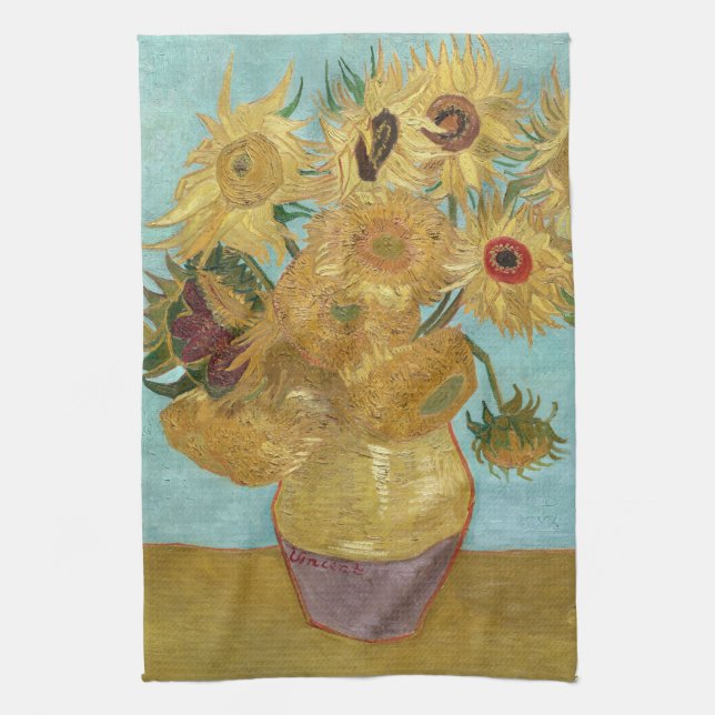 Van Gogh Sunflowers - Blue & Yellow Impressionism Kitchen Towel (Vertical)