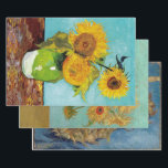 VAN GOGH SUNFLOWERS HEAVY WEIGHT DECOUPAGE WRAPPING PAPER SHEETS<br><div class="desc">A trio of paintings from one of Van Gogh's favorite flower to paint. Two still life paintings of sunflowers in a vase and one of two harvested sunflowers on a beautiful blue backdrop. These three high resolution pieces are printed in a thicker, heavier weight decoupage craft paper print option. Shockingly...</div>