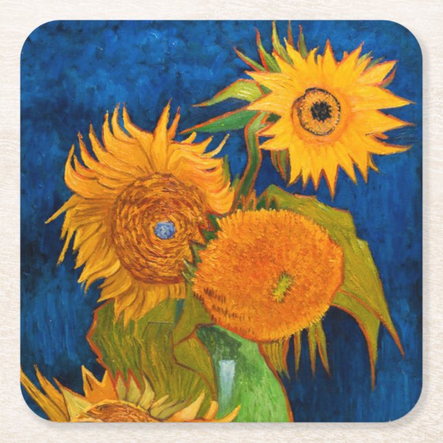 Van Gogh Sunflowers Square Paper Coaster (Front)