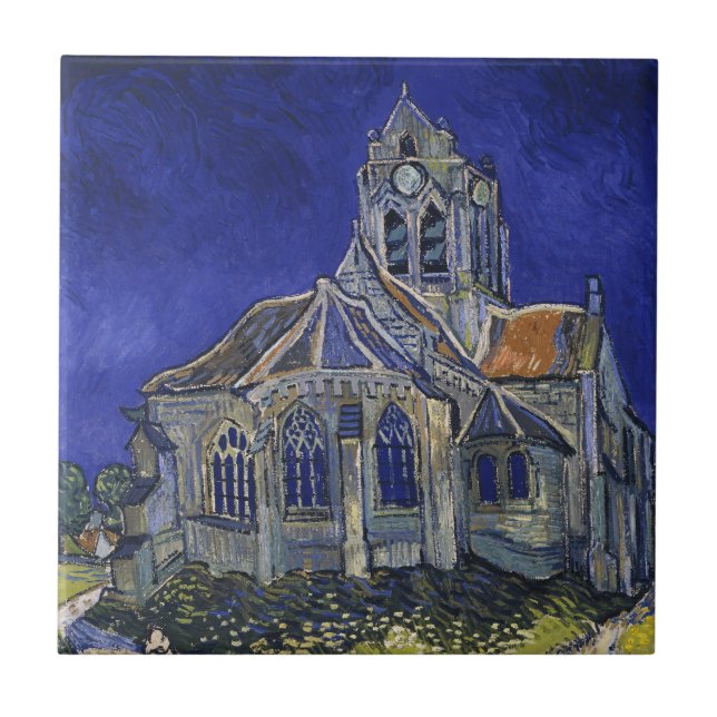 Van Gogh The Church at Auvers Blue Sky Art Ceramic Tile (Front)