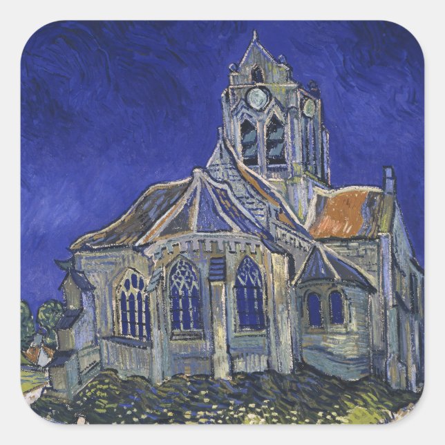 Van Gogh The Church at Auvers Blue Sky Art Square Sticker (Front)