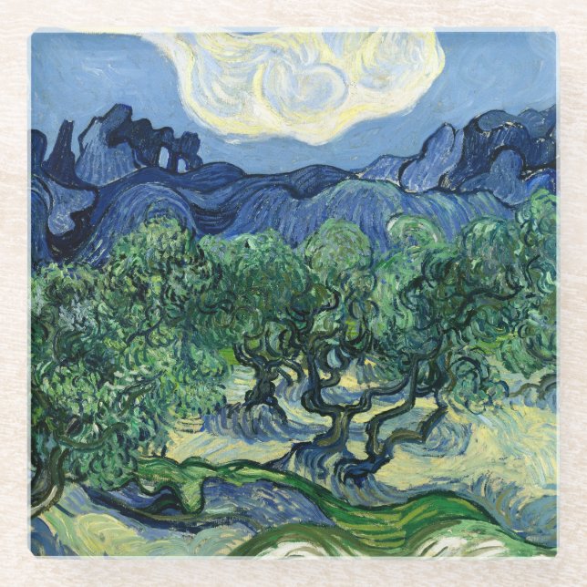 Van Gogh The Olive Trees Landscape Painting Glass Coaster (Front)