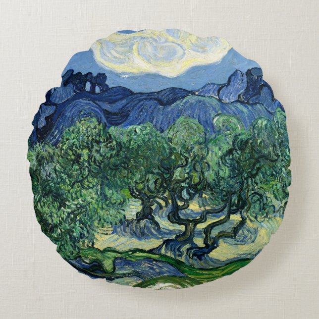 Van Gogh The Olive Trees Landscape Painting Round Pillow (Front)