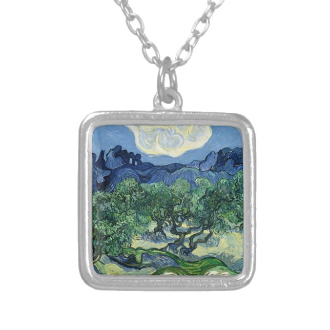 Van Gogh The Olive Trees Landscape Painting Silver Plated Necklace (Front)
