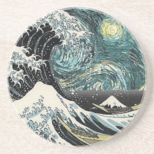 Van Gogh The Starry Night _ Hokusai The Great Wave Drink Coaster