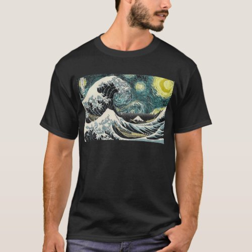 Van Gogh The Starry Night _ Hokusai The Great Wave T_Shirt