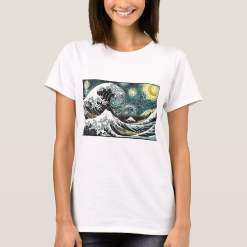 Van Gogh The Starry Night _ Hokusai The Great Wave T_Shirt