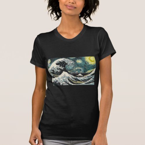 Van Gogh The Starry Night _ Hokusai The Great Wave T_Shirt