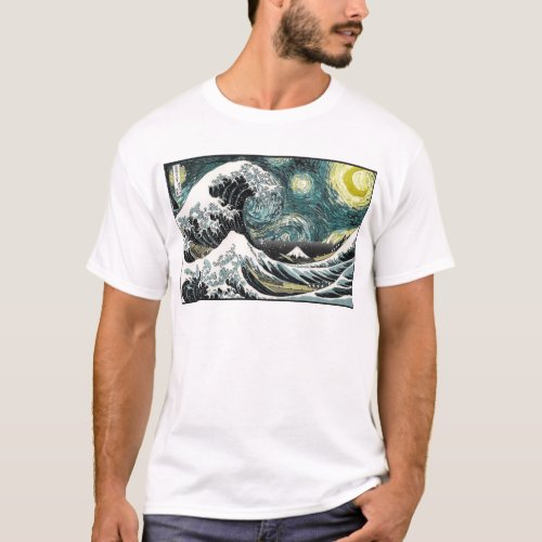 Van Gogh The Starry Night _ Hokusai The Great Wave T_Shirt