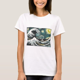 Van Gogh The Starry Night - Hokusai The Great Wave T-Shirt
