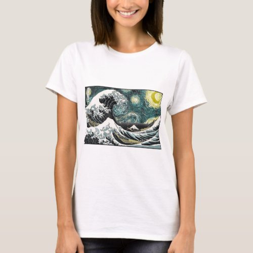 Van Gogh The Starry Night _ Hokusai The Great Wave T_Shirt