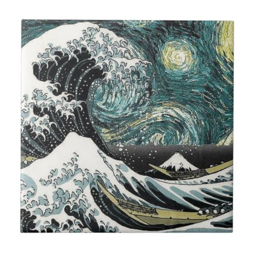 Van Gogh The Starry Night _ Hokusai The Great Wave Tile