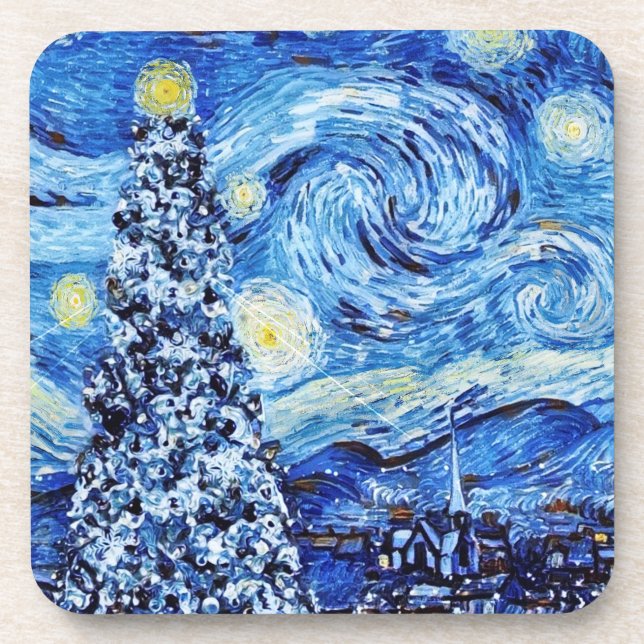 Van Gogh - The Starry Night - White Christmas  Beverage Coaster (Front)