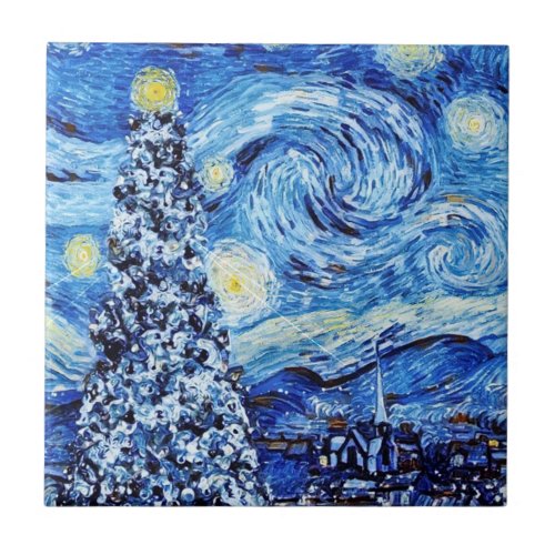 Van Gogh _ The Starry Night _ White Christmas  Ceramic Tile