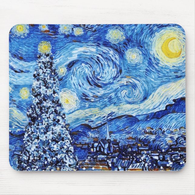 Van Gogh - The Starry Night - White Christmas Mouse Pad (Front)