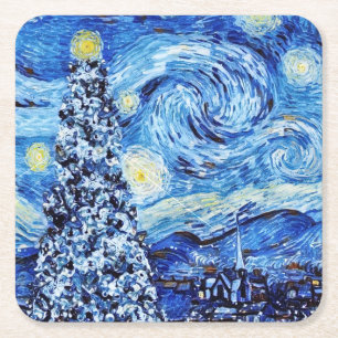 Van Gogh - The Starry Night - White Christmas Square Paper Coaster