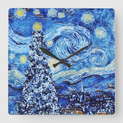 Van Gogh _ The Starry Night _ White Christmas  Square Wall Clock