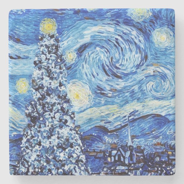 Van Gogh - The Starry Night - White Christmas  Stone Coaster (Front)