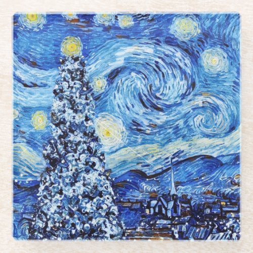 Van Gogh _ The Starry Night _ White Christmas Thro Glass Coaster