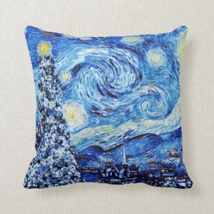 Van Gogh - The Starry Night - White Christmas Throw Pillow
