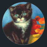 Van Gogh Tuxedo Cat  Classic Round Sticker<br><div class="desc">Stickers featuring a beautiful Van Gogh tuxedo cat! This little kitty poses next to a basket of orange flowers upon a red table. A great gift for cat lovers and Dutch art collectors!</div>