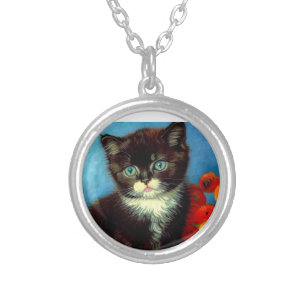 Van Gogh Tuxedo Cat Silver Plated Necklace