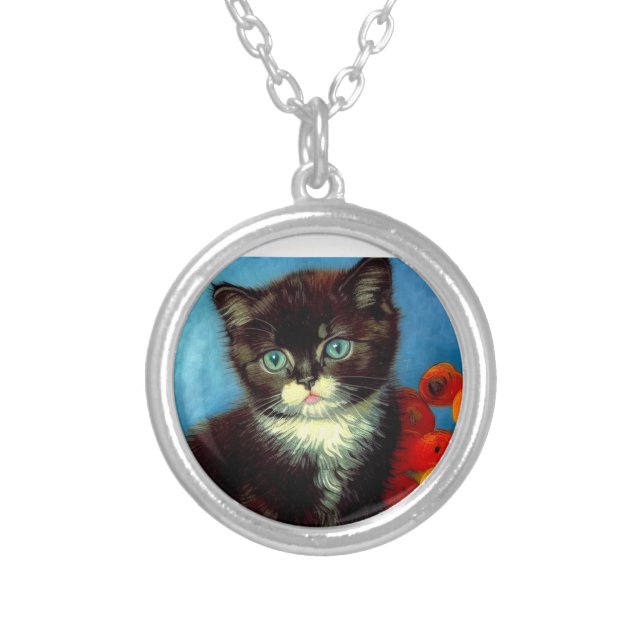 Van Gogh Tuxedo Cat  Silver Plated Necklace (Front)