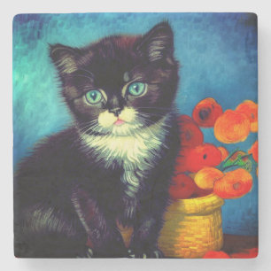 Van Gogh Tuxedo Cat Stone Coaster